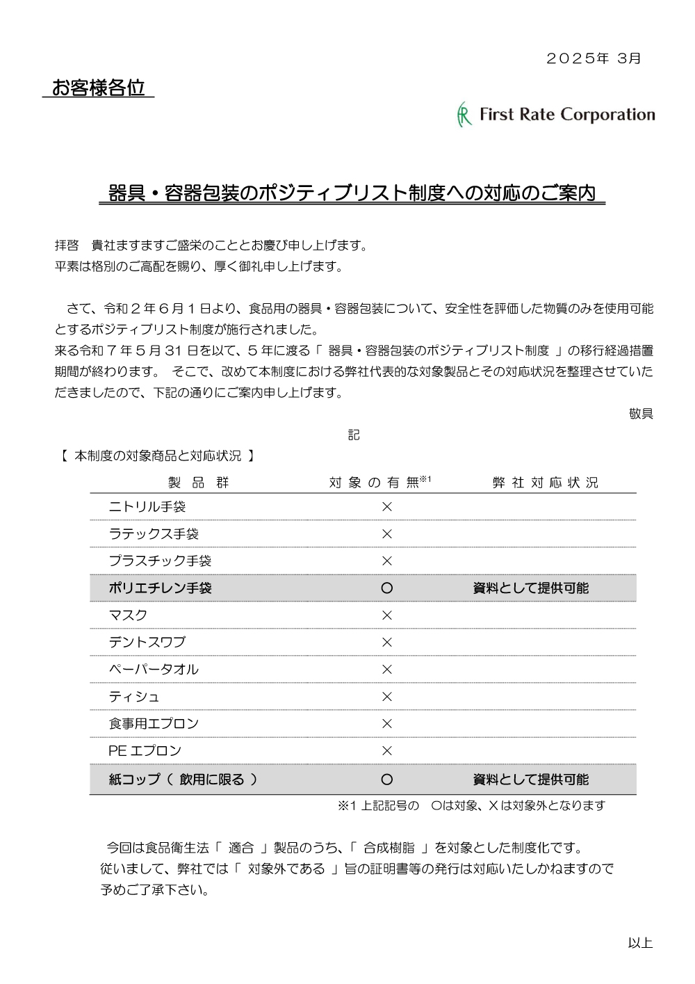 ポジティブリスト制度への対応のご案内