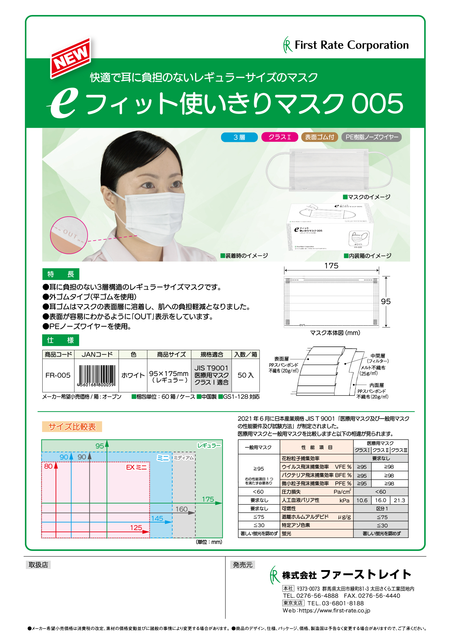 <strong>経済性を追求した快適で耳に負担のないマスク「eフィット使いきりマスク005」7/25発売開始</strong>